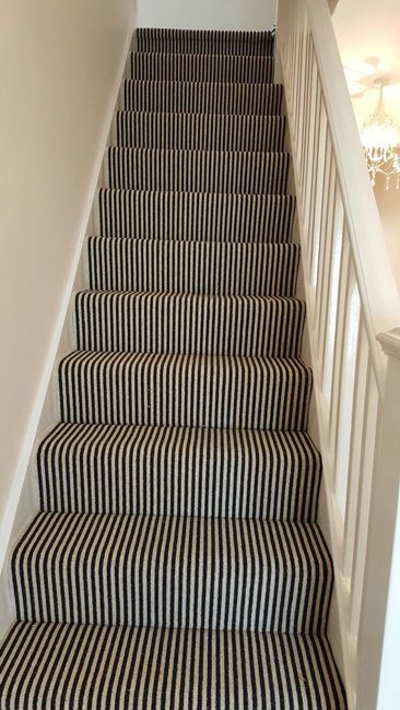 Stripe Stair Runner, Stairs Black, Black And White Stairs, Landing Decor, Striped Stair Runner, Black And White Carpet, Black Hallway, Stairs Carpet, Carpet Staircase