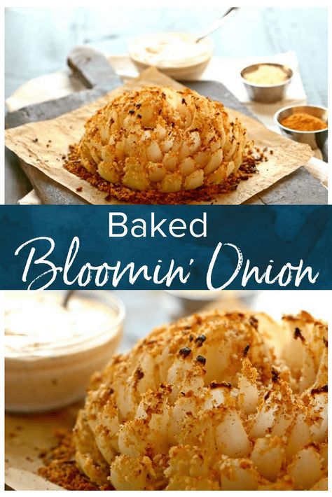 This Baked Blooming Onion is a healthier version of a favorite. Blooming Onion Recipe Oven, Baked Blooming Onion Recipe, Baked Onion, Grilled Blooming Onion Recipe, Healthy Blooming Onion, Onion Bloom Recipe, Airfryer Blooming Onion, Bloomin Onion Recipe, Onion Blossom