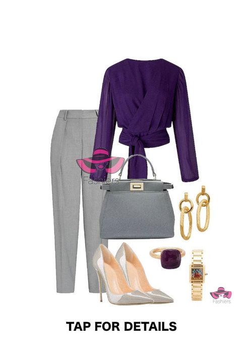 Stylish for work! gray pants, purple crop wrap blouse with gray pumps and tote bag! #styleblogger #accessoryoftheday #workoutfit #stylecollective #outfitblog #fashionaddict #fashionaddict #ootnmagazine Purple Blouse Outfit, Grey Pants Outfit, Gray Pumps, Grey Pumps, Purple Bag, Gray Pants, Purple Blouse, Grey Outfit, Fashion Styling