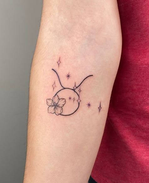 Taurus Tattoo + constellation and cherry blossom Mini Taurus Tattoo, Taurus Best Friend Tattoo, Pretty Taurus Tattoo, Matching Taurus Tattoos, Taurus Heart Tattoo, Tattoo Zodiac Taurus, Tattoo For Taurus Women, Taurus Wrist Tattoo, Cute Taurus Tattoo