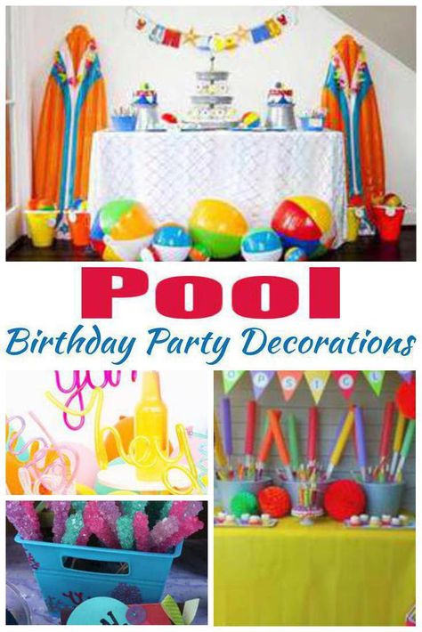 Kids Party Decorations! The best pool party decorations. Great for birthday, end of season, backyard and more. Ideas that boys and girls both will love. Find ideas for outdoor and indoor that are simple, cheap, easy and fun for your pool theme party. Get DIY ideas along with balloons, streamers, homemade and more. Indoor Pool Party Decorations, Indoor Pool Birthday Party Ideas, Indoor Pool Party Ideas For Kids, Indoor Pool Party Ideas, Pool Themed Birthday Party, Indoor Pool Party, Pisces Party, Streamer Party Decorations, Backyard Pool Parties