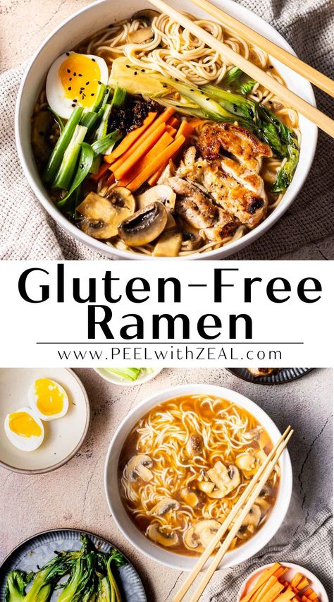 Gluten-Free Ramen This gluten-free ramen recipe is a shoyu-style ramen. My version of GF ramen is complete with a ramen egg, crispy chicken and a flavorful broth. Add your favorite veggies and enjoy! Gluten Free Chicken Ramen, Paleo Ramen Recipes, Gf Ramen Noodle Recipes, Easy Gluten Free Ramen Recipes, Fodmap Gluten Free Recipes, Dairy Free Ramen Recipe, Ramen Gluten Free, Ramen Noodle Recipes Gluten Free, Rice Ramen Noodle Recipes Gluten Free