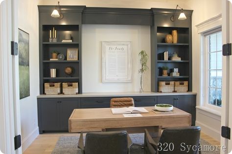 home office dark blue gray Modern Traditional Home Office, Home Office Dark, Modern Wood Desk, Gray Office, Modern Traditional Style, Modern Stair Railing, Traditional Home Office, Long Living Room, Office Built Ins