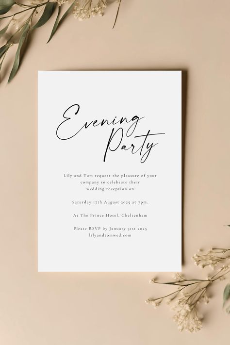 Continue the party long into the night with our stylish Evening Wedding Reception Invites. Capture the essence of your love story with our thoughtfully designed minimal invitations. Our invitations are FSC® certified. #EveningReception #PartyInvitations #WeddingCelebration #WeddingInvites #MinimalWedding Wedding Reception Invites, Evening Wedding Reception, Reception Invites, Reception Invite, Evening Wedding Invitations, Evening Reception, Reception Invitations, Black White Wedding, Minimal Wedding