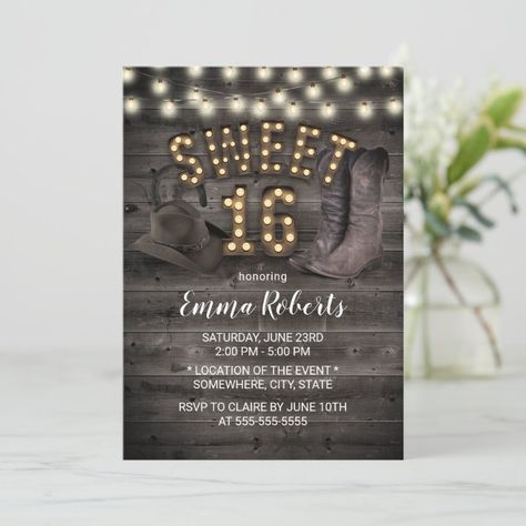 Sunflower Sweet 16, Western Sweet 16, Sweet 16 Party Invitations, Cowgirl Vintage, Rustic Birthday, Wood Invitation, Vintage Sunflower, Sweet Sixteen Parties, Cowgirl Birthday