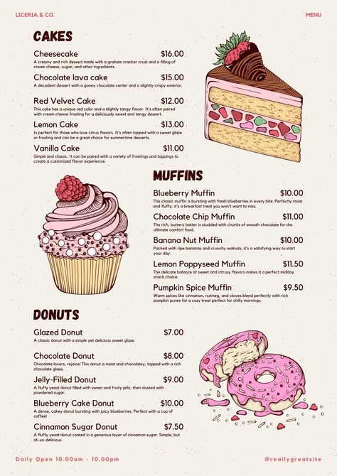 Templates Cupcake Menu Design Ideas, Baking Menu Template, Sweet Menu Design Ideas, Cafe Food Ideas Menu Design, Vintage Menu Design Ideas, Baking Business Plan Template, Cute Bakery Ideas Interior, Small Business Menu Ideas, Pastries Menu Design