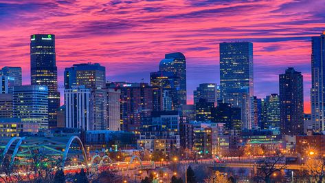 Landmark wallpaper, united states, colorado, evening, night, dusk, pink sky Denver Wallpaper, Denver Skyline, Wallpaper Installation, Visit Denver, Colorado City, Mile High City, Denver City, Green Earth, Urban Area