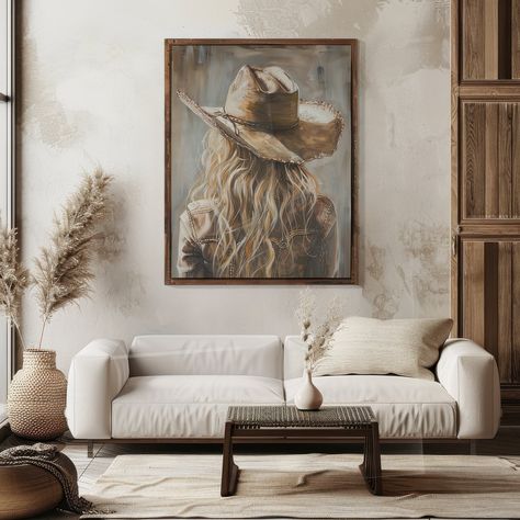 Neutral Western Aesthetic, Cowgirl Portrait, Western Living Room, Neutral Artwork, Apartment Dorm, Neutral Wall Decor, Southwestern Home, Portrait Oil Painting, Western Paintings