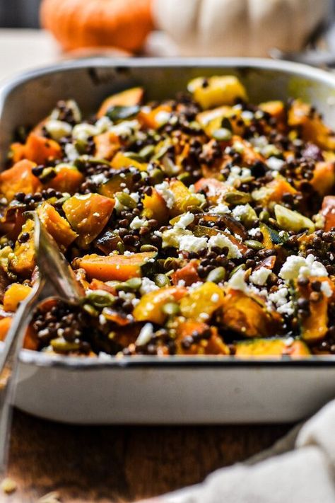 This Roasted Squash and Lentil Salad has the perfect balance of hearty and healthy! Combining warm, roasted vegetables with protein-packed lentils, tangy feta, and crunchy pepitas, this salad makes for a satisfying meal or side dish! It Pumpkin And Lentil Salad, Fall Lentil Salad, Autumn Couscous Salad, Roasted Kabocha Squash, Greek Chicken Salad, Butternut Squash Salad, Squash Salad, Brunch Food, Yummy Meals