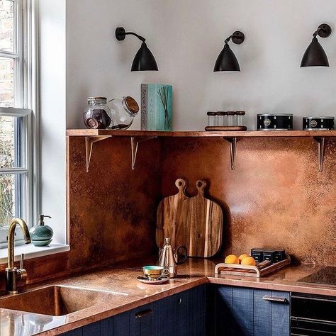 Copper Kitchen Splashbacks | Range of Finishes | Halman Thompson Copper Splashback, Kitchens Without Upper Cabinets, Copper Backsplash, Warm Color Schemes, Copper Tiles, Devol Kitchens, Mews House, Bedroom Images, Kitchen Splashback