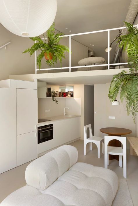 A Minimalist Apartment in Barcelona Full of Functionality in Just 430 Square Feet | Architectural Digest Small Loft Apartments, Design Casa Piccola, Tiny Loft, Mini Apartments, Studio Apartment Design, Mini Loft, Micro Apartment, Loft Interior Design, Tiny House Loft