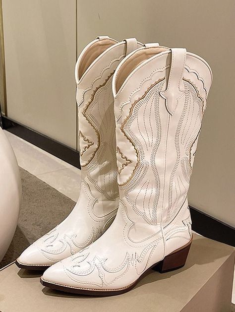 "#Cowboy Boots #trending Boots #fall night out outfit #outfits #V Notched Embroidered Mid-calf Cowboy Boots #shoes #woman #style #fashionista  #love  #fashionblogger #trendy shoes 

Use discount code 📢 ""ZFPIN"" to enjoy 22% OFF!!!" Botas Western, Platform Boots Women, White Cowboy Boots, Western Shoes, Western Style Boots, Knee Length Boots, Shoe Cover, Equestrian Boots, Beige Heels