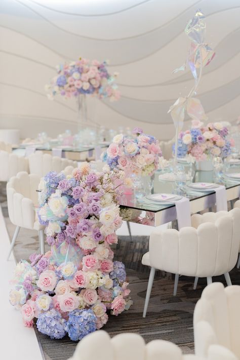 Iridescent Flowers Cascade for this Iridescent Dream 1st Birthday and Christening. Iridescent Table Setting, Iridescent Centerpiece, Romantic Pastel Wedding, Iridescent Party Ideas, Mermaid Floral Arrangement, Opal Wedding Theme, Iridescent Wedding Decor, Iridescent Bridal Shower Ideas, Irridescent Wedding Theme