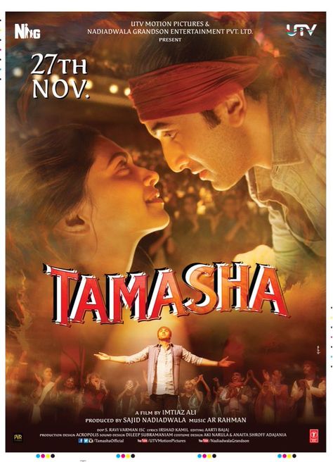 Check out the new poster of Ranbir Kapoor and Deepika Padukone's "Tamasha" Tamasha Movie, Travel Movies, Bollywood Posters, Ar Rahman, 2015 Movies, Ranbir Kapoor, Movie Poster Art, It Movie Cast, Bollywood Movie