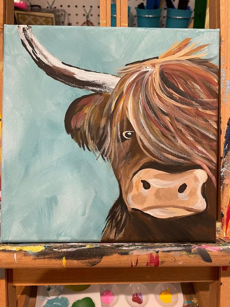 Acrylic painting Whimsical Farm Animal Paintings, Animal Paintings Simple, How To Paint A Highland Cow Step By Step, Funny Animal Paintings Easy, Highland Cow Painting Easy Step By Step, Animal Painting Ideas On Canvas, Rustic Paintings On Canvas, Highland Cow Painting Easy, Brown Cow Painting