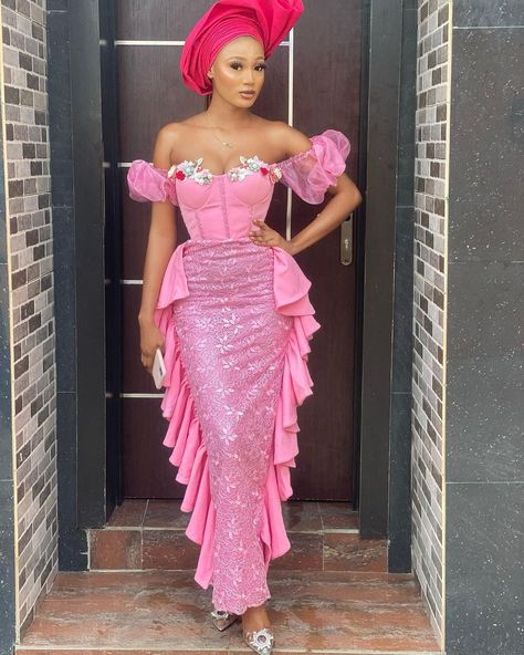 Off Shoulder Wing Ruffle Sleeve On Gown With Side Ruffles Gown Dress For Women, Lace Skirt And Blouse, Aso Ebi Dresses, Aso Ebi Lace Styles, Nigerian Lace Styles Dress, Nigerian Lace Styles, African Lace Styles, Simple Gowns, Lace Gown Styles