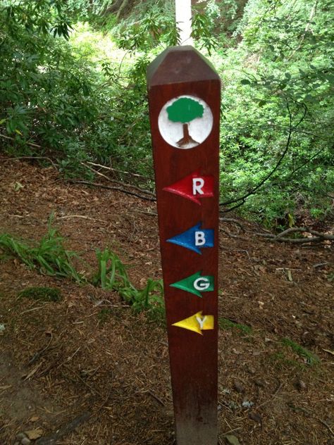 colorful, cryptic confidence marker trail sign Trail Markers Ideas, Hiking Trail Signs Diy, Nature Trail Signs, Trail Marking, Trail Signage, Hiking Signs, Trail Markers, Eagle Project, Big Basin