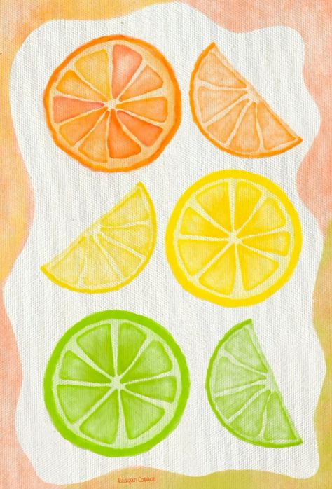 Lemon Lime Orange Painting, Lemons And Oranges Painting, Watercolor Art Orange, Citrus Drawing, Lime Watercolor, Citrus Watercolor, Painted Lemons, Watercolor Mini, Paintings Easy