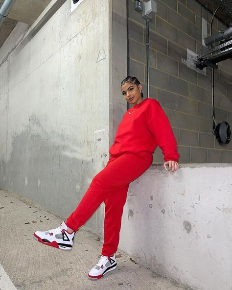 Retro 4 Jordans Outfit Women, Scrub Fits, Sportive Outfit, Tracksuit Outfit Women, Jordan 4 Retro Fire Red, 4s Outfit, Red Tracksuit, Tracksuit Outfit, Flawless Beauty