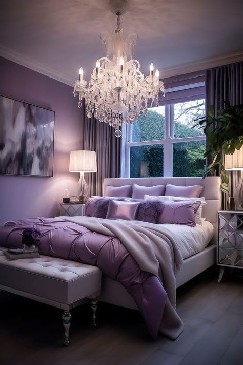 A medium-sized transitional bedroom with a lustrous lavender and white color scheme, featuring timeless furniture, a sleigh bed with a plush blanket, botanical art, and a crystal chandelier, creating a balanced and romantic atmosphere. Mauve Colored Bedroom, Purple Gold Bedroom Ideas, Bedroom Mauve Walls, Mauve Wallpaper Bedroom, Purple Bedroom Wall Ideas, Mauve And White Bedroom, Plum And Gold Bedroom, Mauve And Gold Bedroom, Mauve Purple Bedroom