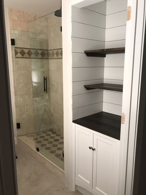 Bathroom Linen Closet, Linen Closets, Shelves Ideas, Shelves White, Bathroom Closet, Master Bath Remodel, Remodel Bathroom, Bathroom Remodel Designs, Bathroom Remodel Shower