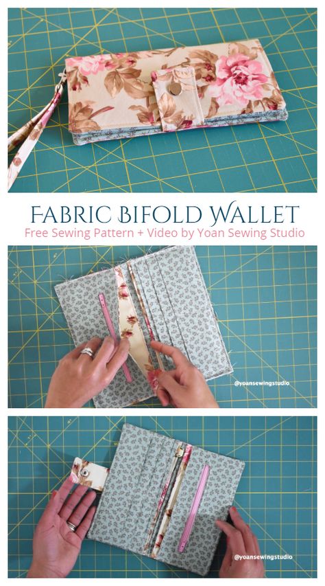 DIY Fabric Bifold Wallet Free Sewing Pattern + Video | Fabric Art DIY Small Fabric Purse Patterns, Diy Phone Wallet Case Free Pattern, Fabric Bifold Wallet Pattern Free, Free Bifold Wallet Pattern, Free Wallet Sewing Patterns Tutorials, Wallet Ideas Diy, Diy Sew Wallet, Quilted Wallet Pattern Free, Cell Phone Wallet Pattern Free