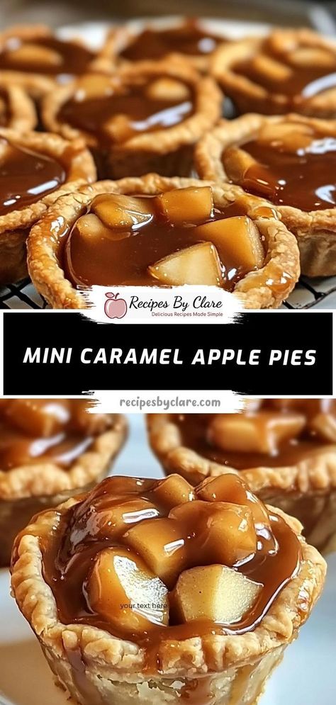 These Easy Mini Caramel Apple Pies are the perfect fall dessert! Made with sweet apples, a touch of cinnamon, and a drizzle of caramel, all encased in a buttery pie crust, these mini pies are both adorable and delicious. Whether you're hosting a party or enjoying a cozy night in, these pies are a must-try! Ingredients: 1 tsp ground cinnamon 1/4 tsp ground nutmeg 1 egg, beaten (for egg wash) 3 cups apples, peeled, cored, and diced Mini Caramel Apple Pies, Caramel Apple Pies, Caramel Apple Pie Recipes, Mini Caramel Apples, Cinnamon Apple Pie, Apple Pie Bites, Sweet Easy, Gooey Caramel, Pie Bites