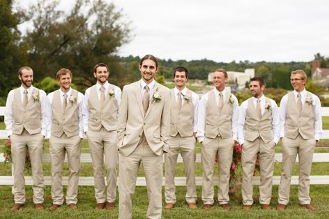 Also a great looking group of guys! fall rustic backyard wedding groomsmen khaki vests Backyard Wedding Groom Attire, Backyard Wedding Groom, Fall Groomsmen Attire, Groomsmen Jeans, Groomsmen Attire Beach Wedding, Fall Groomsmen, Groomsmen Vest, Fall Groom, Rustic Wedding Groomsmen