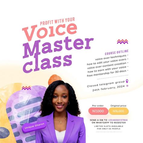 A virtual voice over training Flyer design for @iamuniquesharon Tool: PS 2020 Need a flyer design for your upcoming training? Send a DM today, let's get started. Follow @the.elite.designer for more contents and design inspiration. #explore #explorepage✨ #graphicdesign #flyerdesign #voiceover #voiceoverartist #socialmediamarketing #viral Training Flyer Design, Webinar Design, Lets Get Started, Ad Design, Flyer Design, Instagram A, Social Media Marketing, The Voice, Get Started