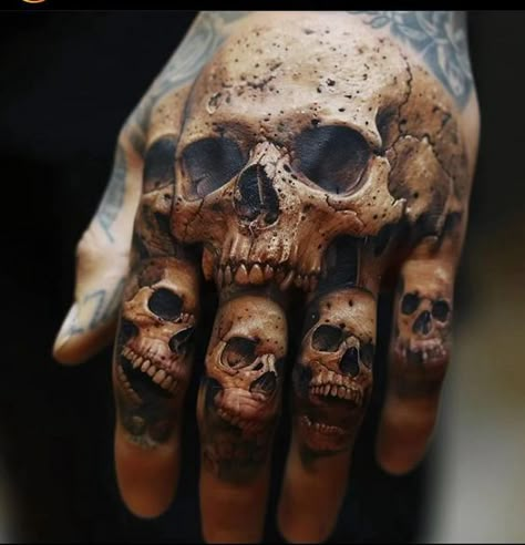 Horror Hand Tattoos, Skull Tattoo Hand, Bearded Skull Tattoo, Full Hand Tattoo, Evil Skull Tattoo, Black Skull Tattoo, Skull Hand Tattoo, Realistic Tattoo Sleeve, Knuckle Tattoos