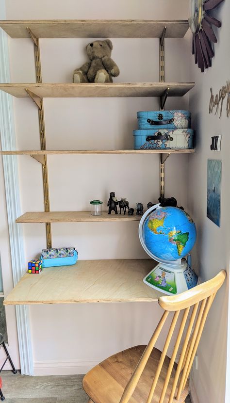 Adjustable desk with shelving. Twin slot shelving, plywood, office Twin Slot Shelving, Tiny Office Space Ideas, Desk With Shelving, Plywood Office, Slot Shelving, Room Sharing, Man Desk, Kids Room Desk, Upcycle Furniture