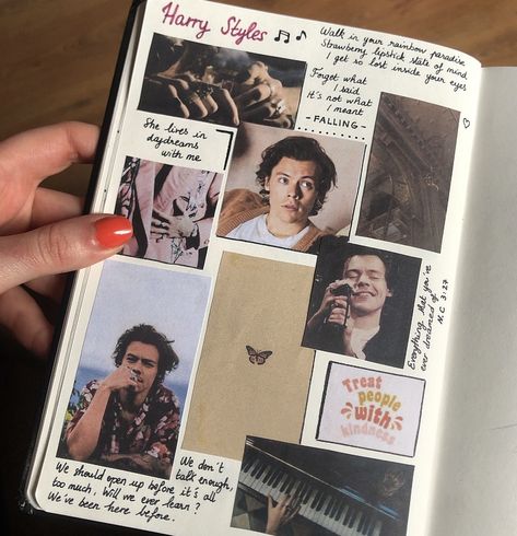 Harry Styles Journal Aesthetic, Harry Styles Notebook Ideas, Harry Styles Scrapbook Ideas, Harry Styles Journal Page, Harry Styles Journal Ideas, Harry Styles Scrapbook, Moodboard Journal, Harry Styles Journal, Style Scrapbook