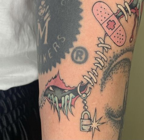 Stitches Tattoo, Bandage Tattoo, 108 Tattoo, Gap Filler Tattoo, Knee Tattoos, Zombie Tattoos, American Traditional Tattoo Ideas, Traditional Tattoo Ideas, Violet Chachki