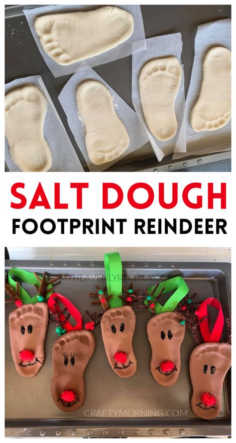 Salt Dough Footprint Reindeer Ornaments- such a cute christmas craft for kids to make! Fun homemade ornaments for gifts for parents or grandparents. DIY project for keepsakes! Recipe for salt dough footprint ornaments. Salt Dough Footprint, Footprint Reindeer, Grandparents Diy, Baby Christmas Crafts, Diy Jul, Preschool Christmas Crafts, Gifts For Parents, Christmas Crafts For Kids To Make, Homemade Ornaments