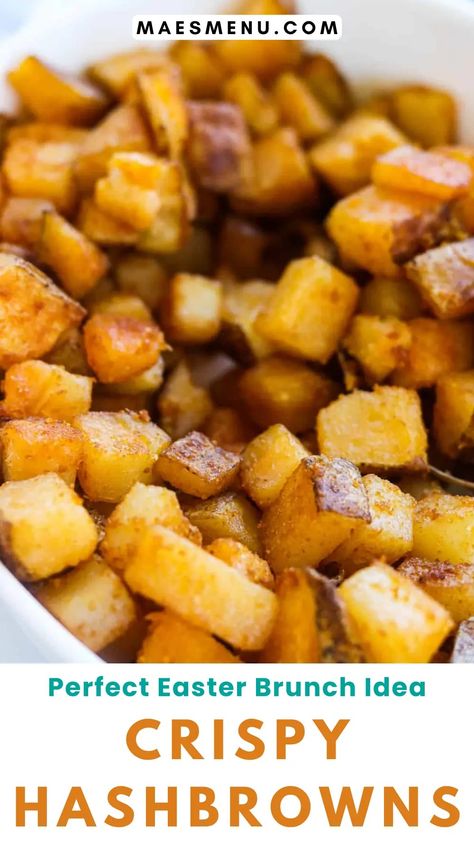 These easy to make crispy potatoes of yumminess are a regular in our household. They’re great as a simple weeknight side dish or are also easy to make as a big batch to feed a crowd, ideal for an Easter brunch with family and friends. Whether you choose to call them hashbrowns, home fries or breakfast potatoes they’re a real crowd pleaser. #easterbrunch #hashbrowns Russet Potato Hashbrowns, Diy Hashbrowns Easy, Hash Browns For A Crowd, Cooking Hashbrowns In The Oven, Brunch Potatoes For A Crowd, Make Ahead Breakfast Potatoes For A Crowd, Home Made Hashbrowns Easy, Cubed Hashbrown Recipes, Hashbrowns From Raw Potatoes