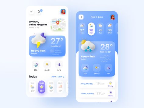 Weather Application Design, 3d Ui Design, Weather App Design, Weather App Ui, Desain Ux, Weather Application, Weather Design, App Design Layout, Android App Design