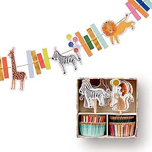 Party Animals Decor Set with Party Animals 8' Garland and Cupcake Kit, Gold Lurex String Garland Featuring 6 Different Animals, 24 Assorted Liners in 2 Designs with 24 Assorted Toppers in 6 Designs Different Animals, Animal Party Theme, Animal Cupcakes, Party Animals, Fabric Journals, Party Stores, Paper Straws, Metallic Foil, Animal Decor