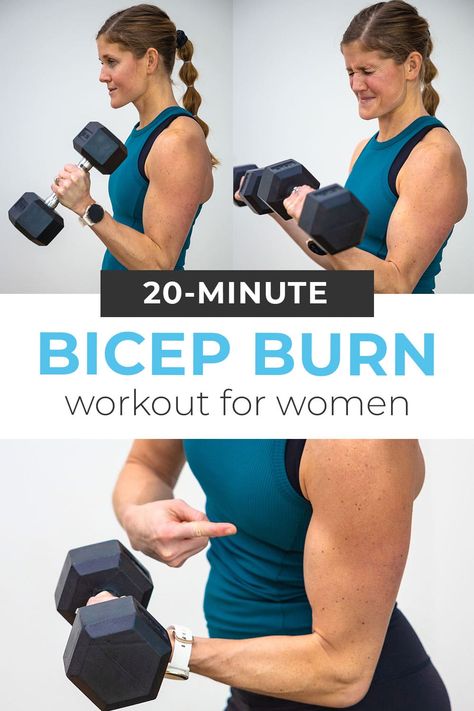 The BEST bicep exercises you can do at home to build bigger and stronger biceps! Standing dumbbell curls, hammer curls, crossbody concentration curls -- the 5 best bicep exercises with dumbbells in a 20-minute biceps workout at home. A complete bicep burnout to build strong, defined biceps. Gym Arm Workout Women Dumbell, Easy Upper Body Workout Gym, Bicep Exercises For Women At Home, Toned Bicep Workout Women, Biceps And Shoulders Workout Gym, Bicep Pump Workout, Most Effective Bicep Workout, Bicep Muscle Workout, Different Bicep Curls