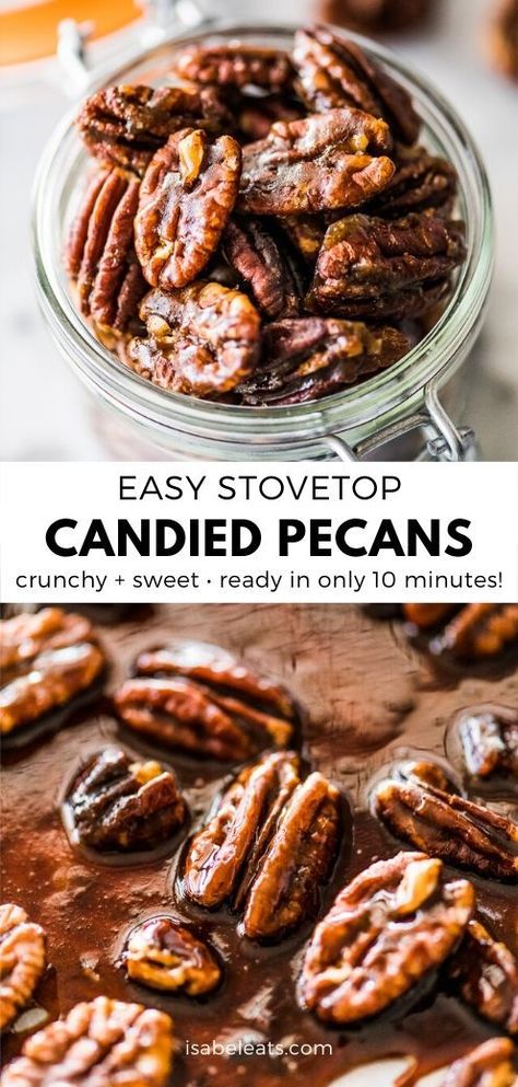 Pecans Candied, Candied Pecans Easy, Easy Candied Pecans, Isabel Eats, Candied Pecans Recipe, Mexican Dessert Recipes, Nut Recipes, Crunchy Snack, Pecan Recipes