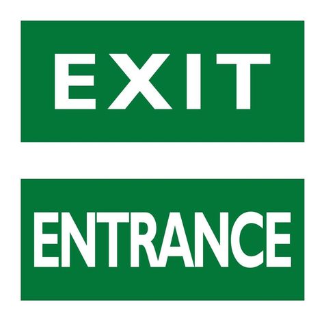 Exit and Entrance signs. English white text on green background. Entrance Signage Printable, Green Signage, Entrance Signs, Entrance Signage, Grunge Posters, Broken Screen Wallpaper, Camping Inspiration, The Exit, Exit Sign