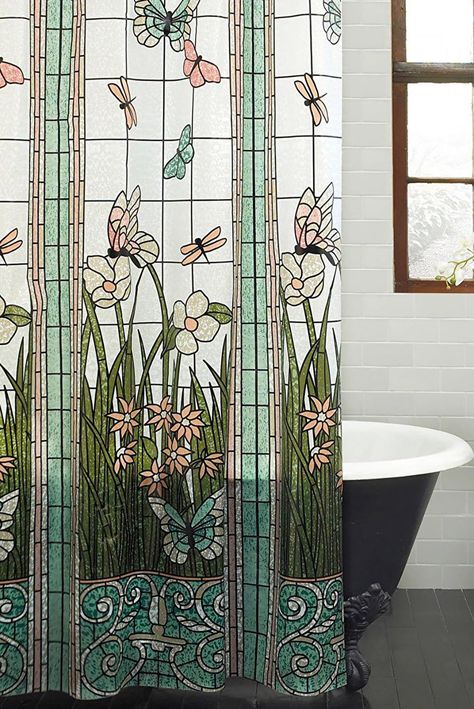 PRICES MAY VARY. Beautiful Stained Glass Meadow Flower Dragonfly polyester farbic shower curtain for better effect of bathroom and home decoration Size: 66x72 inch, Package: 1x shower curtain with high-quality plastic hooks Material: Polyester Fabric.This shower curtain is clearly printed with 3D graphic designs which uses eco-friendly ink in printing. It looks amazing in your bathroom. No color fading. Our bathroom curtain is machine washable.Easy to clean. Waterproof with smooth surface which Rich Bathroom, Extra Long Shower Curtain, Long Shower Curtains, Bathroom Color Schemes, Bath Curtain, Floral Shower Curtains, Inspire Me Home Decor, Beautiful Curtains, Apartment Bathroom