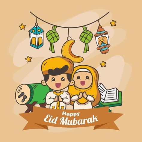 happy eid mubarak with two muslim kids, drum, al quran and lantern Eid Mubarak Cartoon, Happy Ied Mubarak, Mosque Illustration, Ramadan Arabic, Poster Ramadhan, Diy Eid Gifts, Eid Boxes, Ramadan Design, Wallpaper Ramadhan