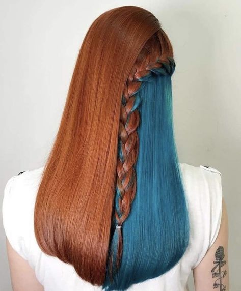 Split Dyed Hair Copper, Blue And Ginger Hair, Ginger And Blue Hair, Color Block Hair Ideas, Amanda Core, Color Block Hair, Infj Psychology, Underlights Hair, Hair Magic