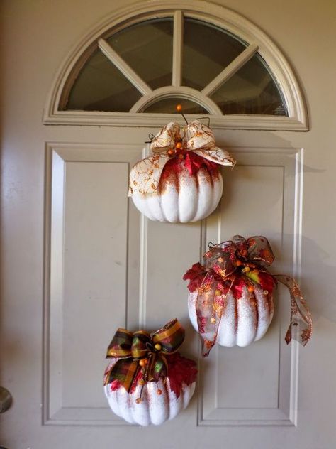 Styrofoam Pumpkins Half Pumpkin Door Decoration, Half Pumpkin Crafts, Styrofoam Pumpkin Crafts, Styrofoam Pumpkins, Couple Recipes, Handmade Pumpkins, Pumpkins Ideas, Autumn Projects, Decorative Pumpkins