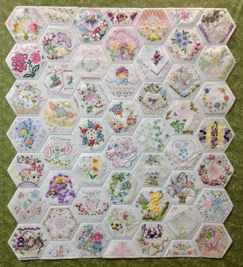 Patch Stitches, Repurposed Embroidery, Upcycle Embroidery, Handkerchief Quilts, Bee Quilts, Rhonda Dort, Quilt Boards, Hexagon Patchwork, Hexagon Quilts