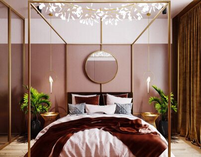 Bedroom in townhouse 2 on Behance Industrial Bedroom Design, Brighter Bedroom, Pink Lifestyle, Bed Design Modern, Dekorasi Kamar Tidur, Relaxing Bedroom, Roses Pink, Chandelier Bedroom, Style Deco