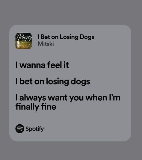 Mitski Lyrics I Bet On Losing Dogs, I Bet On Losing Dogs Aesthetic, Cds Designs, Mitski Widget, Mitski Spotify Lyrics, Dog Symbolism, I Bet On Losing Dogs, Mitski Lyrics, Relatable Lyrics