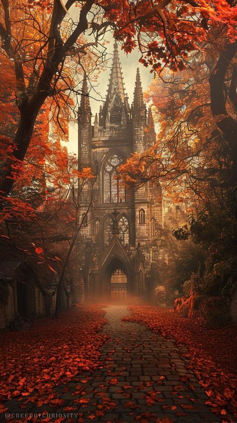 Gothic Castle Aesthetic, Autumn Lockscreen, Background Christian, Cobblestone Path, Fall Scenery, Orange Autumn, Gothic Cathedral, Hogwarts Aesthetic, Visual Aesthetics