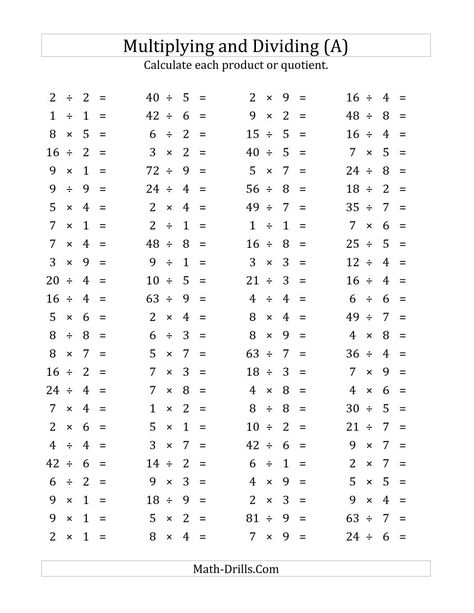 The 100 Horizontal Multiplication/Division Questions (Facts 1 to 9) (A) Math Worksheet from the Mixed Operations Worksheets Page at Math-Drills.com. Subtraction Facts Worksheet, Free Printable Multiplication Worksheets, Multiplication Questions, Basic Math Worksheets, Math Division Worksheets, Printable Multiplication Worksheets, Multiplication Facts Worksheets, Math Multiplication Worksheets, Math Facts Addition