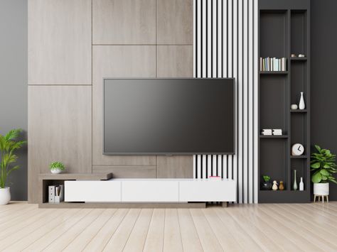 Tv On Wall, Tv Stand Modern Design, Tv Kastenwanden, Modern Tv Room, Tv Fal, Modern Tv Unit Designs, Modern Tv Wall Units, Living Room Wall Units, Tv Unit Interior Design